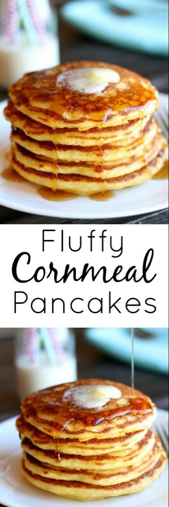 fluffy cornmeal pancakes with syrup on top