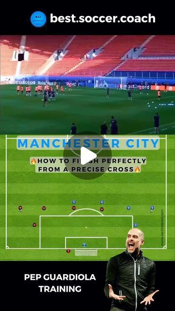 a man standing in front of a soccer field with the words manchester city on it