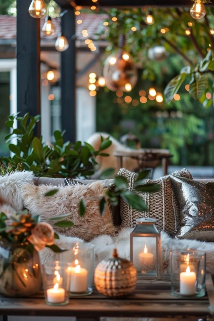 Create a beautiful winter garden with cozy seating and charming decor, featuring ideas that keep outdoor spaces inviting during the chill. Perfect for winter gatherings. Winter Patio Decor, Winter Garden Ideas, Colorful Lights, Cozy Seating, Winter Themed, Plush Rug, Cozy Chic, Elegant Decor, Twinkle Lights