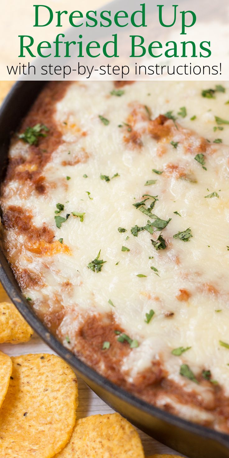 baked up refried beans with step - by - step instructions in a skillet