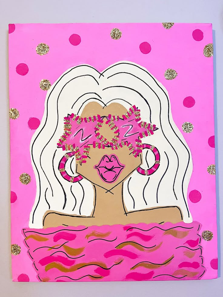 a painting of a woman with pink hair and flowers in her hair, on a pink background