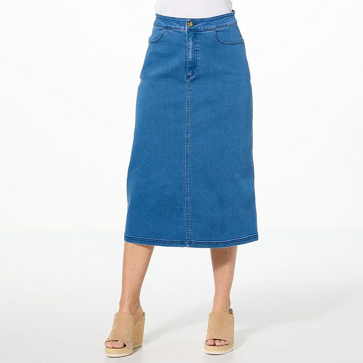 IMAN Global Chic Denim Midi Skirt   We took everything you love about your favorite pair of jeans and put them into this easy-to-style denim twill midi skirt. A timeless classic, this A-line designed garment provides a flattering fit while boosting your confidence. Classic High Waist Blue Denim Skirt, Knee-length Lined Denim Skirt, Classic Blue Denim Skirt For Summer, Classic Blue Denim Summer Skirt, Lined Knee-length Denim Skirt, Classic Mid-rise Denim Skirt For Spring, Spring Denim Blue Pencil Skirt, Everyday Denim Blue Skirt For Spring, Classic Mid-rise Denim Skirt For Summer