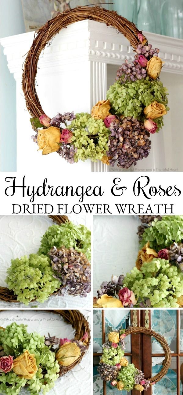 hydrangea and roses dried flower wreaths are displayed in different stages of creation