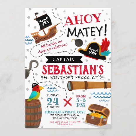 a pirate birthday party card with the words ahoy matey on it