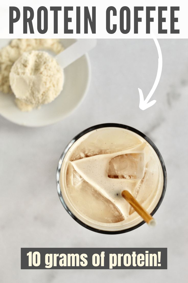 an image of a glass with ice cream in it and the words protein coffee on top