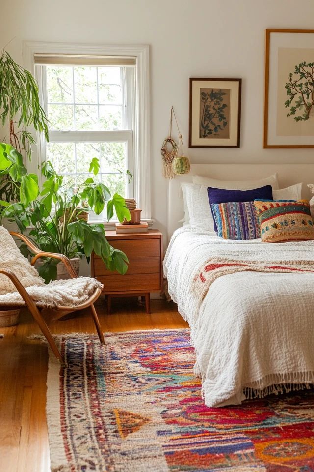 a bedroom with a bed, chair and plants in it