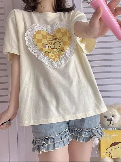 Pompompurin Outfit Aesthetic, Pompompurin Aesthetic Outfit, Pompompurin Fashion, Pompompurin Shirt, Sanrio Core Outfits, Pompompurin Outfit, Sanrio Shirt, Dollcore Outfits, Kawaii Tops