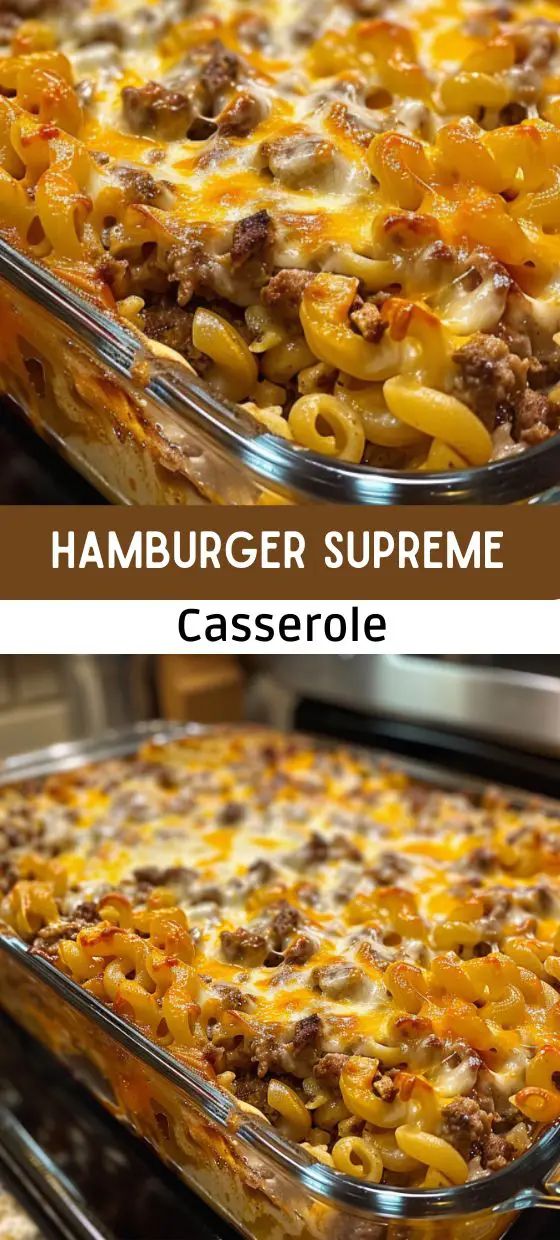 two pictures showing the same casserole in different pans, one with hamburger and cheese on top