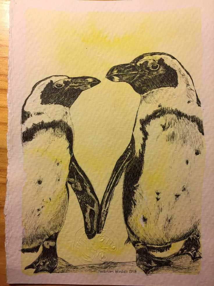 two penguins standing next to each other on top of a piece of paper with yellow background