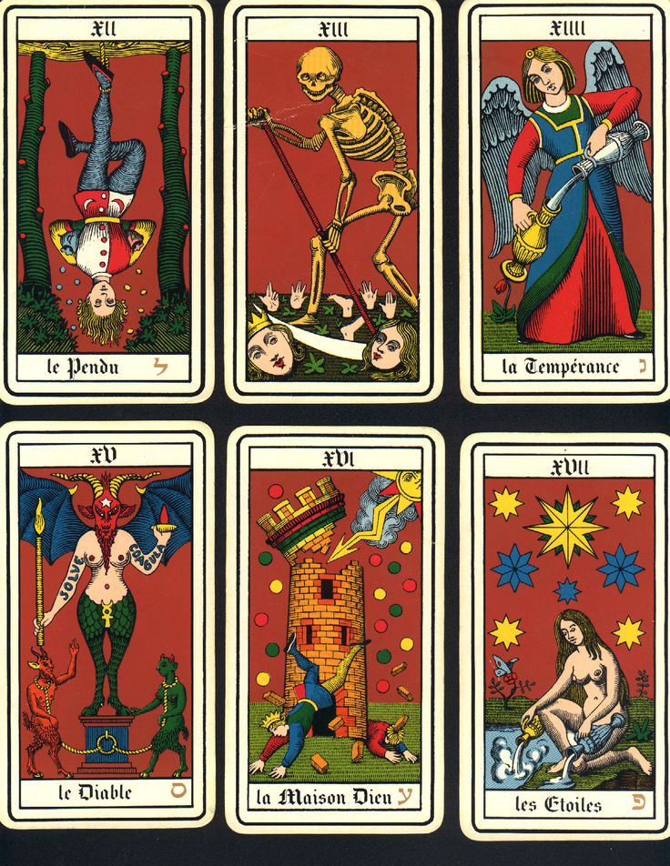 four different tarot cards with images of people and animals in the middle one has a skeleton on it