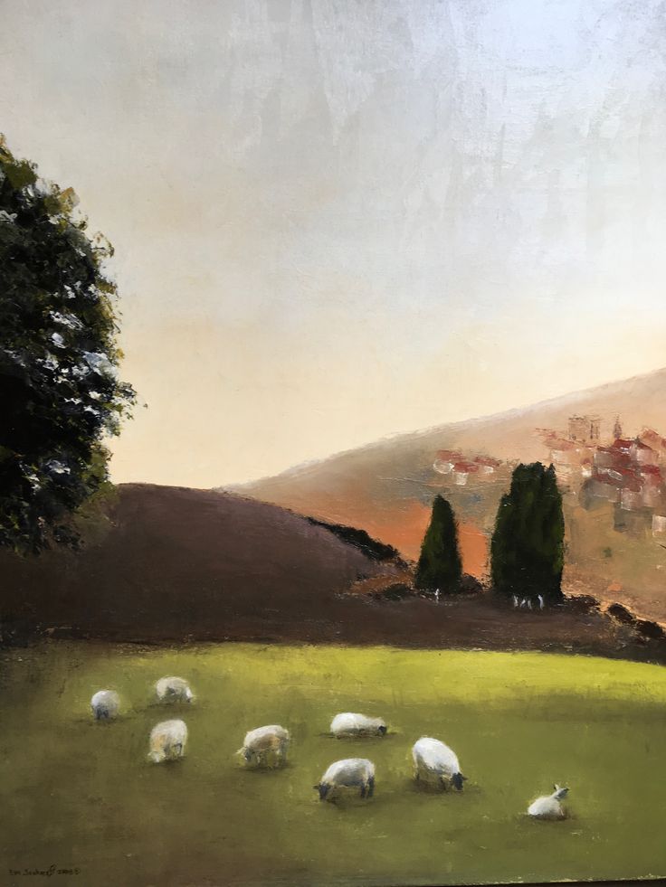 a painting of sheep grazing in a field