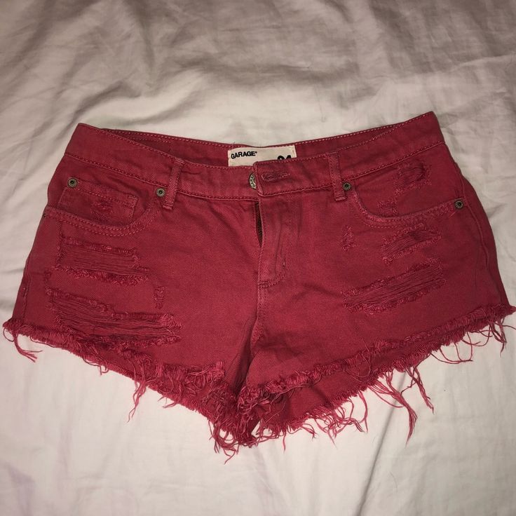 Light Reddish Cutoff Shorts From Garage Clothing, Size 1, Never Worn Casual Red Cutoff Jean Shorts, Red Jean Shorts With Pockets For Spring, Red Cotton Cutoff Shorts, Red Cutoff Bottoms For Summer, Casual High Waist Red Jean Shorts, Casual Red High Waist Jean Shorts, Casual Red High-waist Jean Shorts, Red Mid-rise Shorts For Spring, Red Mid-rise Bottoms For Summer