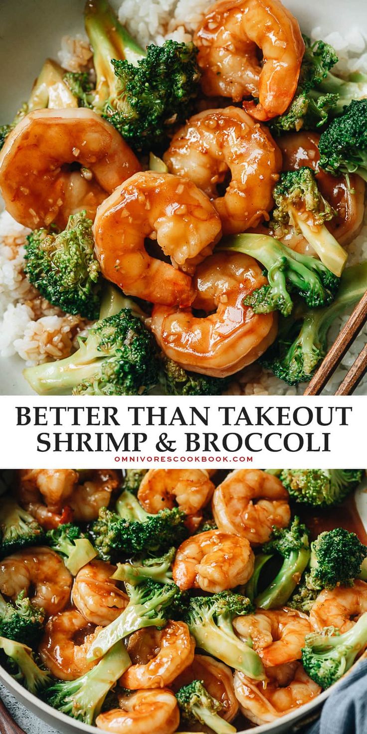 shrimp and broccoli stir fry in a skillet with chopsticks