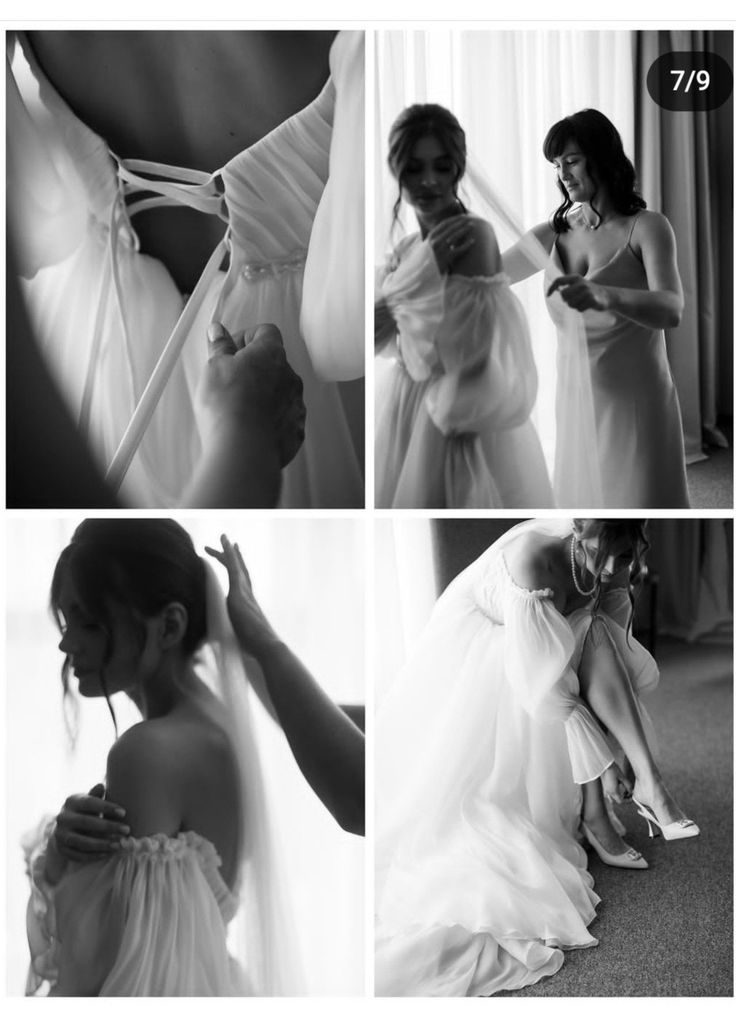 the bride is getting ready to go into her wedding dress and put on her veil