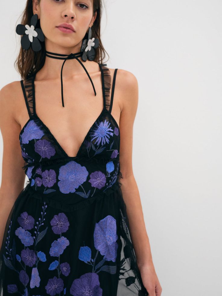 Vibrant eco tulle maxi dress featuring bold floral embroidery and feminine ruffles throughout. Delicate straps criss-cross at a low open back. Removable slip lining. Tulle Maxi Dress, For Love & Lemons, Dress Purple, For Love And Lemons, Purple Dress, For Love, Garden Party, A Garden, Floral Embroidery