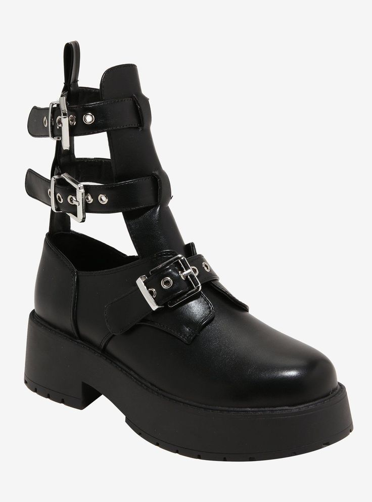 Gear up for hot ghoul summer in these black boots! They feature strappy buckles  plus cutout detailing to keep you fresh and looking cool.Listed in women's sizes.2'' platformPolyurethane upper & soleImported Edgy Synthetic Platform Boots, Spring Platform Moto Boots For Streetwear, Punk High Ankle Platform Boots With Buckle, Edgy Platform Boots With Buckle Closure And Round Toe, Edgy Platform Boots For Spring Alternative Fashion, Edgy Platform Boots For Spring, Ankle-high Platform Boots With Buckle Punk Style, Black Edgy Platform Boots With Buckle Closure, Ankle-high Platform Boots With Buckle Closure Punk Style