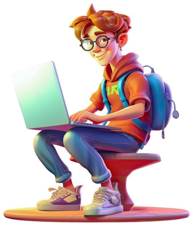 a young man sitting on top of a stool using a laptop computer while wearing glasses