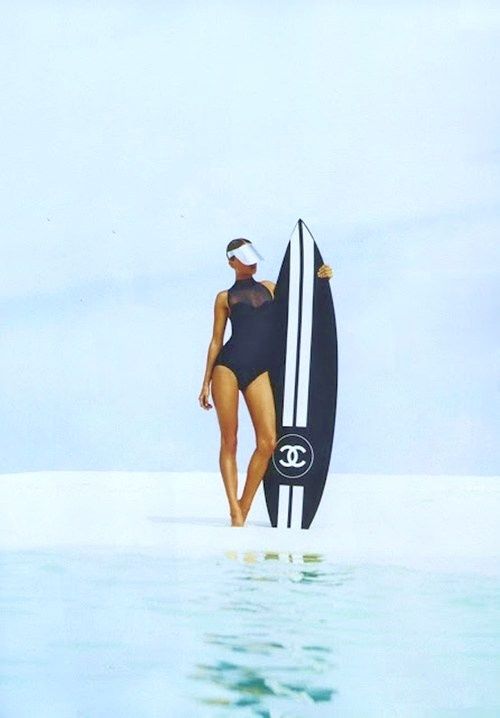 Chanel surf board Veuve Cliquot, Chanel Couture, Surf Style, Surfs Up, Surfer Girl, Harper's Bazaar, Harpers Bazaar, Coco Chanel, New Wave