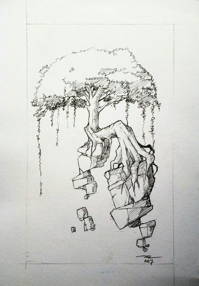 a drawing of a tree with blocks hanging from it's branches and falling down