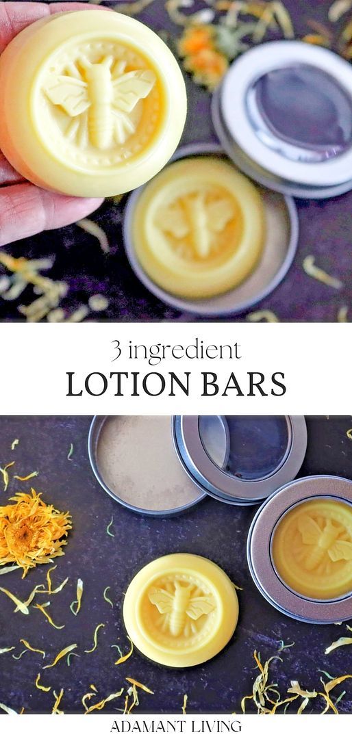 3 ingredient lotion bars in tins with flowers and leaves on the bottom one