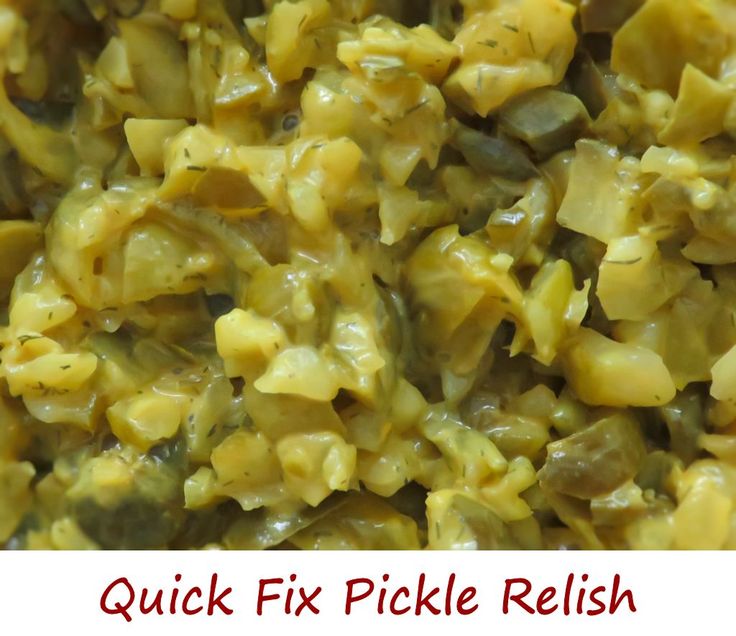 a close up view of some food with the words quick fix pickle relish