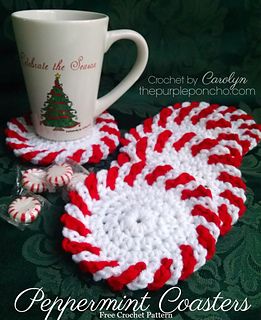 crocheted coasters with peppermint coasters on them and a coffee mug in the middle