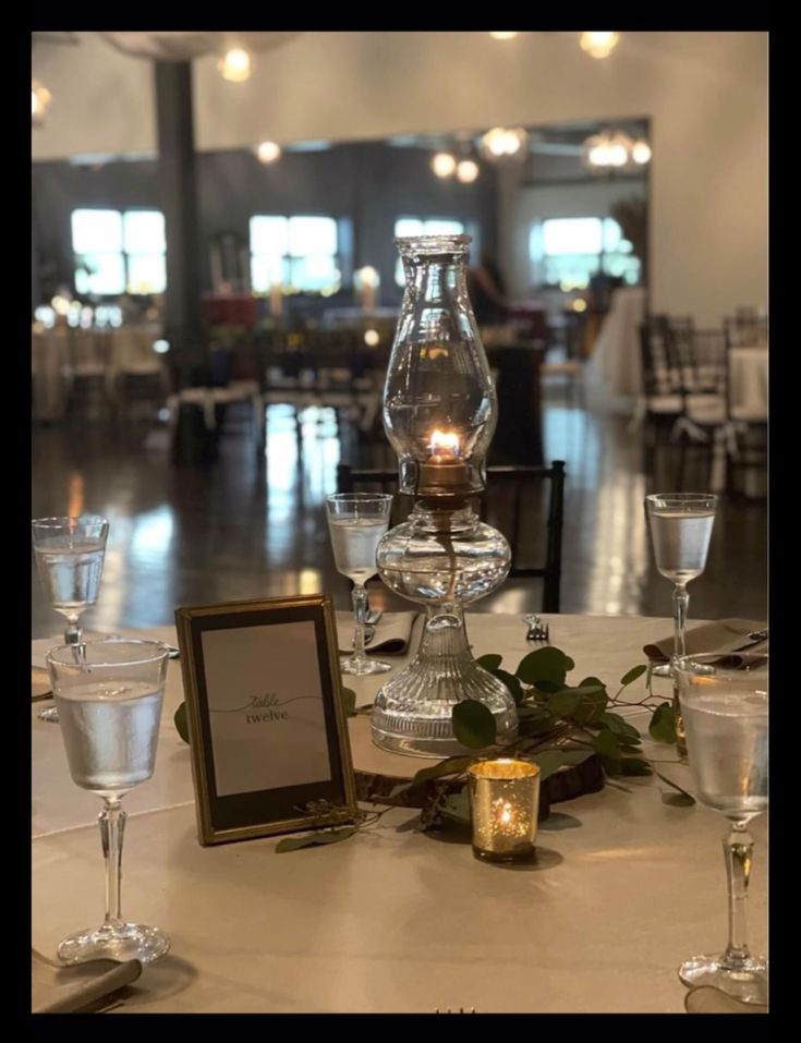 the table is set with wine glasses and candles