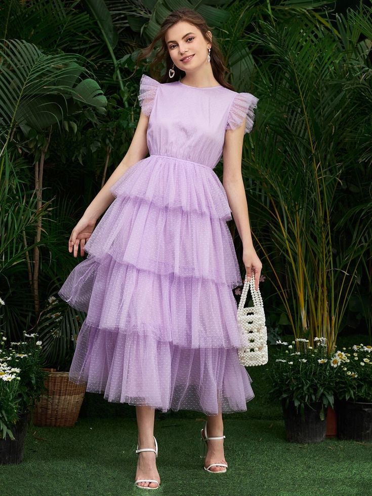 SHEIN Ruffle Armhole Layered Hem Dobby Mesh Dress | SHEIN Scoop Neck Prom Dress, Layered Ruffle Dress, Simple Frocks, Frock For Women, Net Dress, Vintage Maxi Dress, Frock Design, Mesh Dress, Tulle Dress