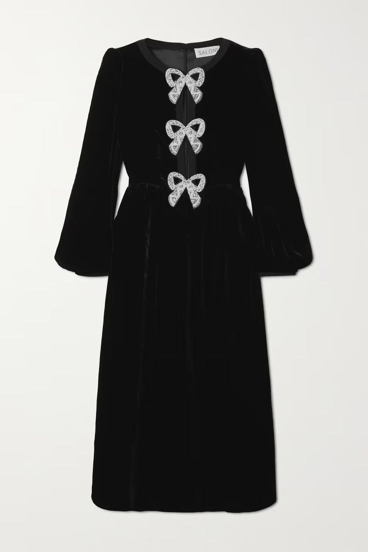 Black Camille bow-embellished velvet midi dress | SALONI | NET-A-PORTER Camille Dress, Best Wedding Guest Dresses, Black Velvet Blazer, Cream Skirt, Velvet Midi Dress, Velvet Blazer, Embellished Dress, Christmas Dress, Dress With Bow