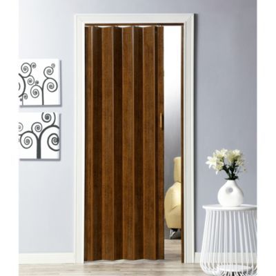 the sliding door is open and has brown wood slats on it's side