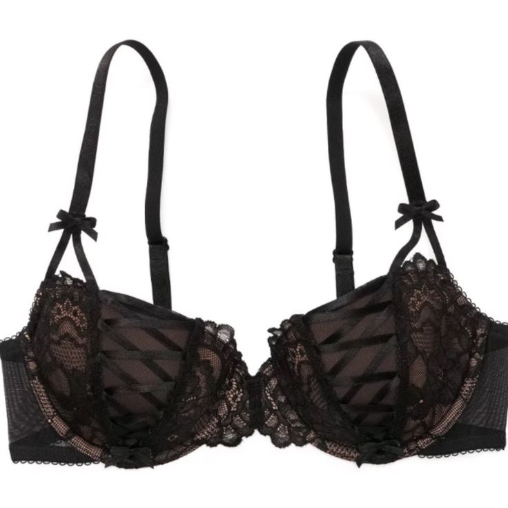 Contour Balconette Nylon/Polyester/Spandex Lace Cups With Satin Ribbon Lace-Up Detail Front Split-Strap Detail And Satin Bows Fully Adjustable Straps Double-Row Hook-&-Eye Closure Jet Black/Sirocco Elegant Black Bra With Adjustable Straps, Black Lace Bra With Removable Pads, Black Party Bra With Removable Pads, Black Nylon Bra With Straps, Black Underwire Bra With Adjustable Straps, Black Underwire Bra For Party, Party Bra With Removable Pads In Nylon, Black Stretch Nylon Bra, Stretch Nylon Black Bra