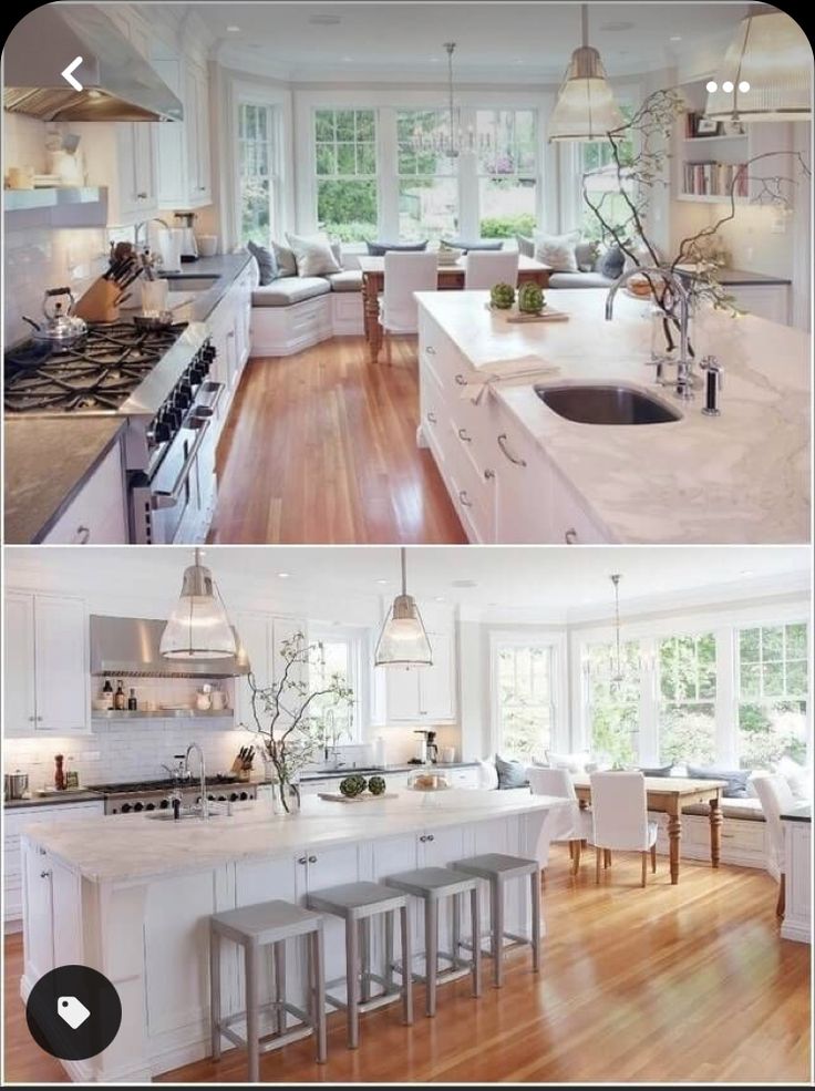 two pictures of a kitchen and living room in one photo, the other has an island with stools