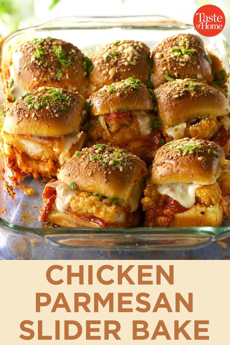 chicken parmesan slider bake in a casserole dish with text overlay