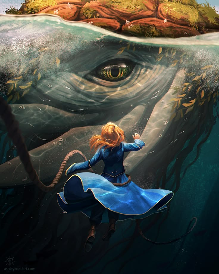 a woman in blue dress standing on top of a giant whale under water with an eye