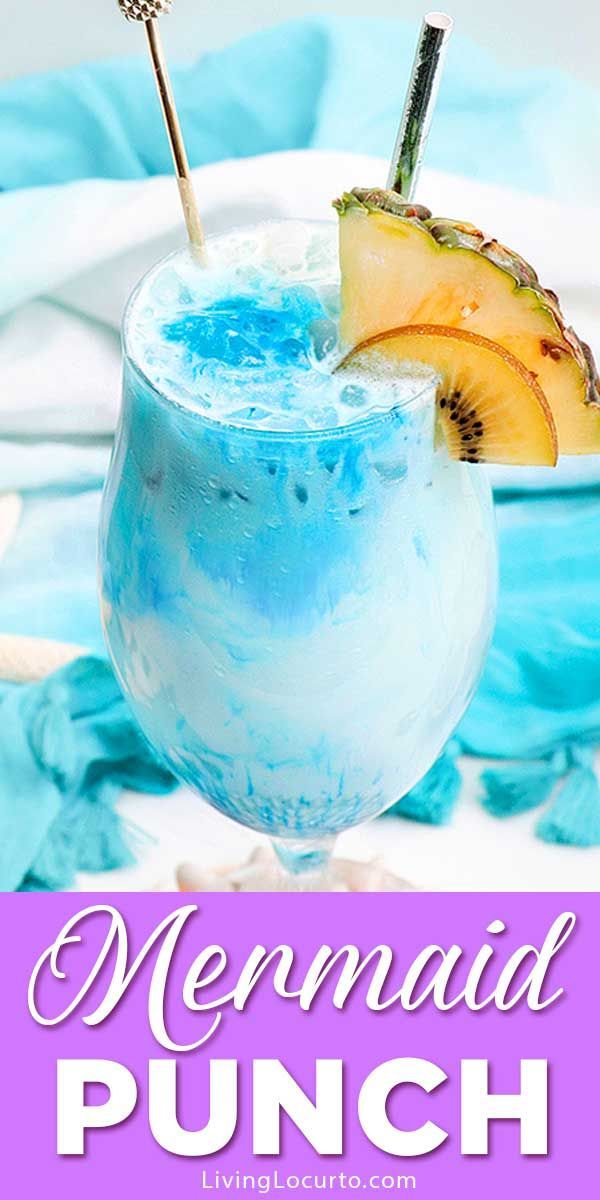 a blue drink with a slice of pineapple on top and the words mermaid punch above it