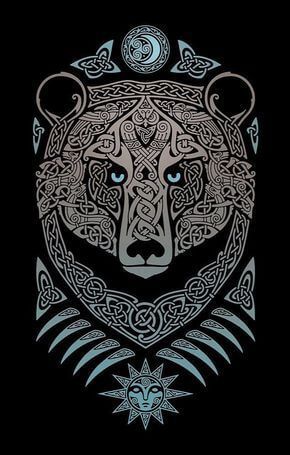 a black background with an image of a bear's head and celtic patterns on it