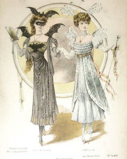 an old fashion magazine cover with two women dressed in evening gowns and bat wings