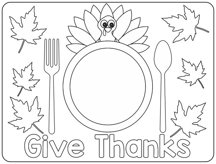 a thanksgiving coloring page with the words give thanks and a turkey sitting on top of a plate