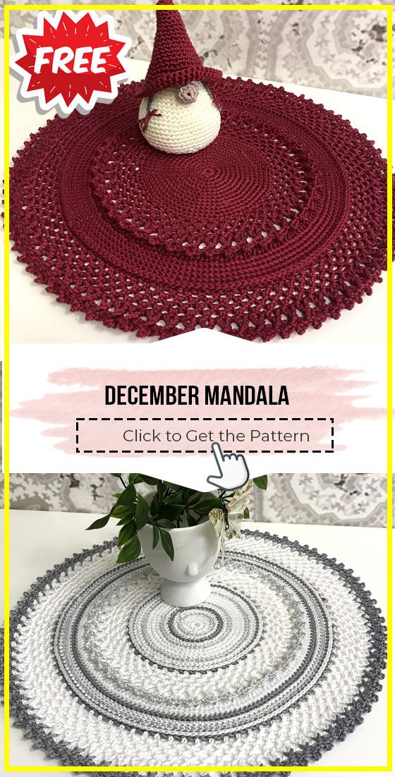 a crocheted table mat with a ball on top and the words december manual written below it