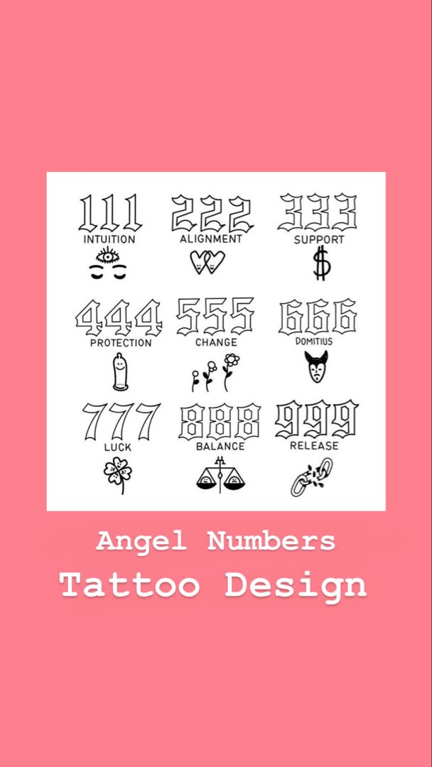 an image of tattoos on a pink background with the words angel numbers tattoo design written in white