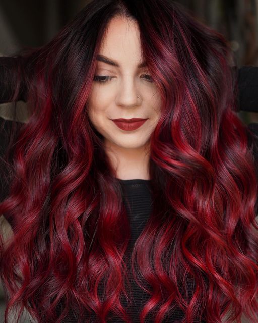 Black Hair Ideas, Red Balayage Hair, Rambut Brunette, Red Ombre Hair, Red Balayage, Black Hair Balayage, Wine Hair, Red Hair Inspo, Bright Red Hair