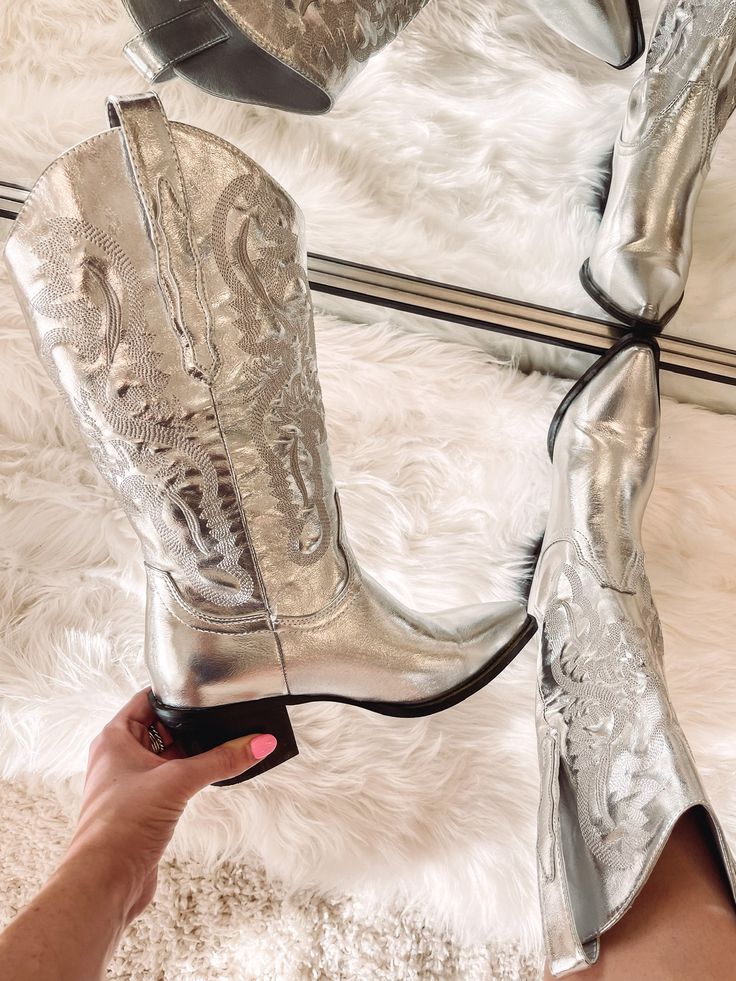 - True to size - Heel Height: 7 cm Phone Numbers, Cowboy Boots, Metallic Silver, Heel Height, Cowboy, Heels, Boots, Silver