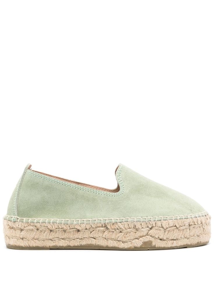 sage green calf suede round toe debossed logo to the rear branded insole braided raffia sole rubber outsole slip-on style Slip-on Suede Espadrilles With Stitched Sole, Suede Slip-on Espadrilles With Stitched Sole, Slip-on Suede Espadrilles With Woven Sole, Suede Slip-on Espadrilles With Woven Sole, Suede Espadrilles With Woven Sole And Slip-on Fit, Suede Slip-on Espadrilles With Leather Sole, Suede Slip-ons With Woven Sole, Suede Slip-on Espadrilles With Textured Sole, Summer Suede Loafers With Woven Sole