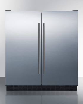 a stainless steel double door freezer sitting on top of a counter