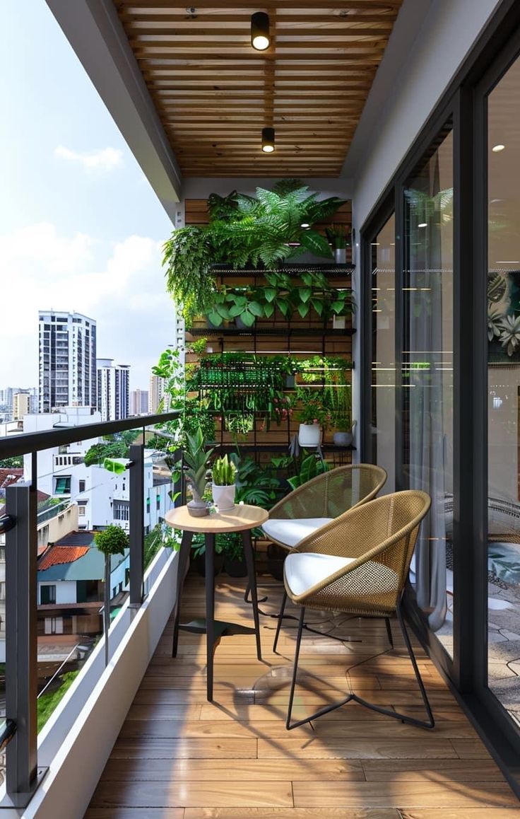 a balcony with chairs, tables and potted plants