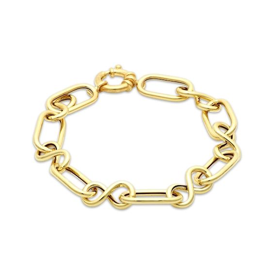 Infinity symbols interlock with open links along this gorgeous bracelet. Crafted in hollow 10K yellow gold Features polished, links Measures 7.5 inches and secures with a lobster clasp Made in Italy Elegant Gold Bracelet With Hook And Links, Infinity Symbol, Gorgeous Bracelet, Link Bracelets, Gold Chains, Lobster Clasp, Jewelry Bracelets, Jewelry Accessories, In Italy