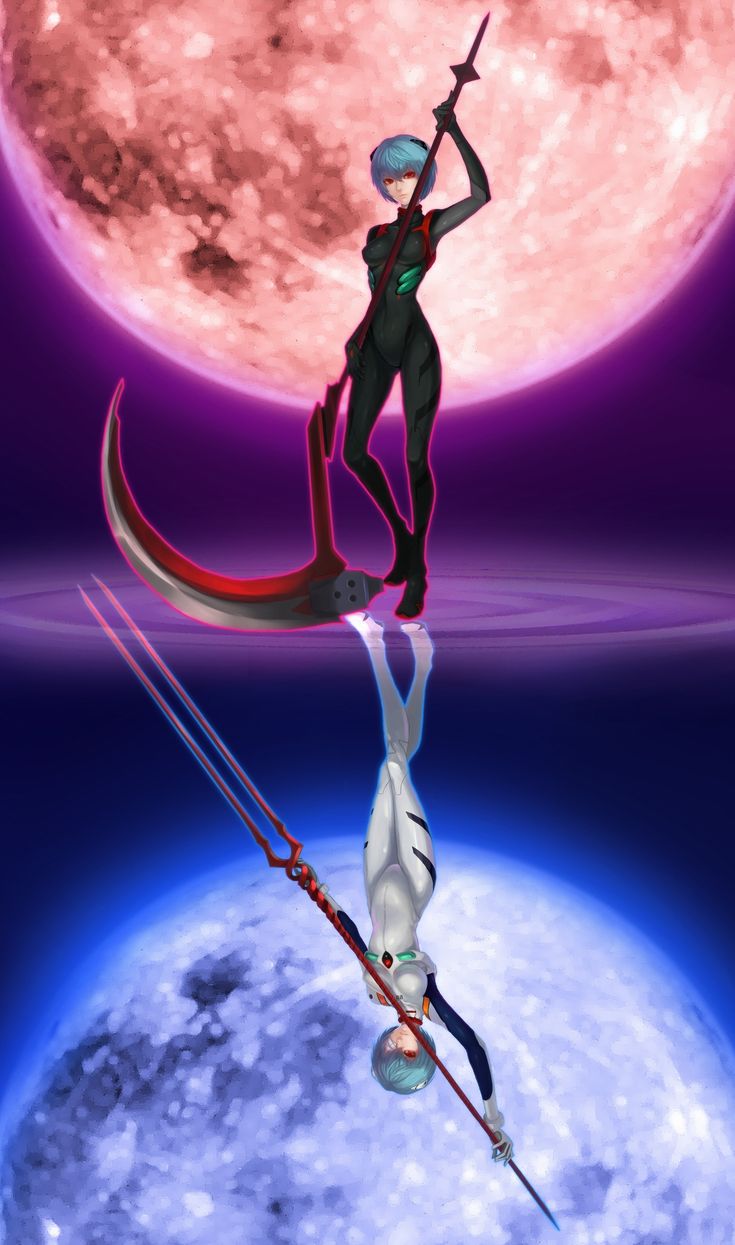 a woman standing on top of a blue and pink moon with an arrow in her hand