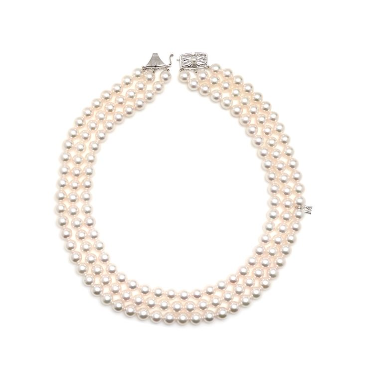 Prized for their brilliant luster and rich color, Akoya cultured pearls are a traditional symbol of elegance and beauty. Produced by Japan's Akoya oysters, they are the most popular of all pearl types. This triple strand necklace features 7.5x7mm A Akoya cultured pearls fitted with the signature M-circle logo charm in 18K white gold. Formal Double Strand Pearl Necklace With Pendant, Luxury Double Strand Pearl Necklace, Luxury Pearl Necklace With 17 Jewels, Pearl White Multi-strand Pearl Necklace, Elegant Round Pearl Necklace With High Luster, Luxury Silver Double Strand Pearl Necklace, Classic Pearl Necklace With 17 Jewels For Wedding, Double Strand Pearl Necklace For Formal Occasions, Formal Double Strand Pearl Necklace