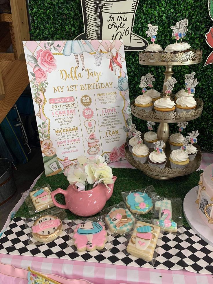 a table topped with lots of cupcakes and cakes