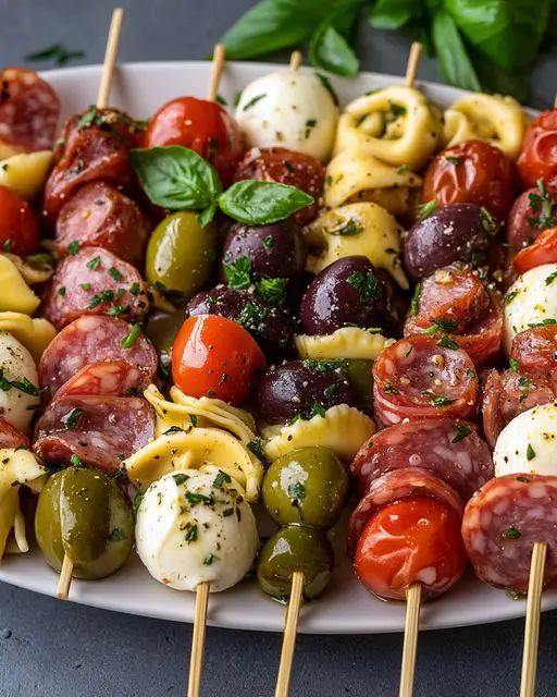 several skewers of different types of food on a white plate with toothpicks